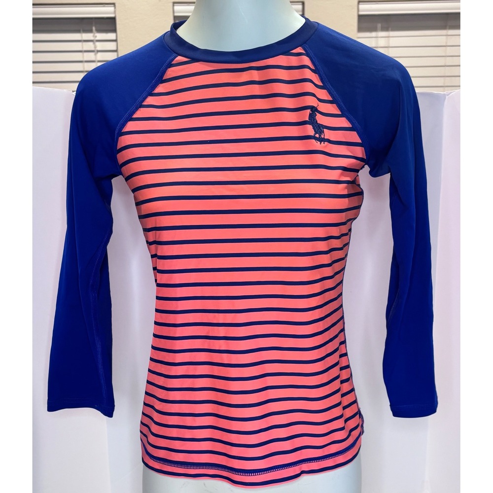 Polo Ralph Lauren Women's Striped Rash Guard Coral Blue 3/4 Sleeve Small EUC